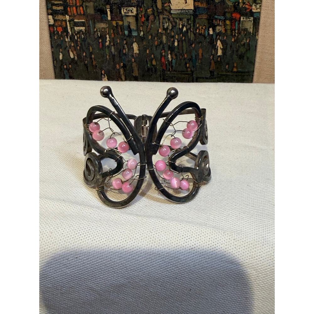 Silver Tone Butterfly Cuff Bracelet | Pink Bead Detail Statement